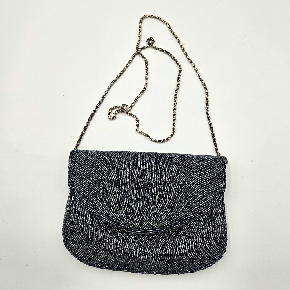 DeLill Gray Beaded Satin Evening Clutch Silver Chain Crossbody Strap Geometric